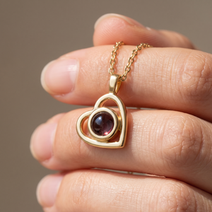 Gold Hidden Photo Necklace held between finger and thumb, showing the round projection lens set in the heart