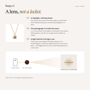 How it works: the photograph is micro-etched inside the lens stone at the centre of the heart pendant. Hold a phone torch behind it and the picture appears on a pale wall, about the size of your palm, soft-edged and dim.